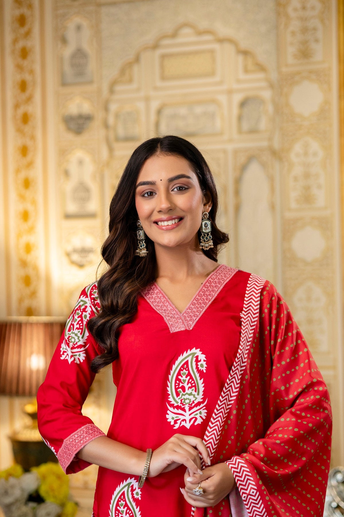 Traditional Printed Rayon Kurti with Pants and Chanderi Cotton Dupatta Set