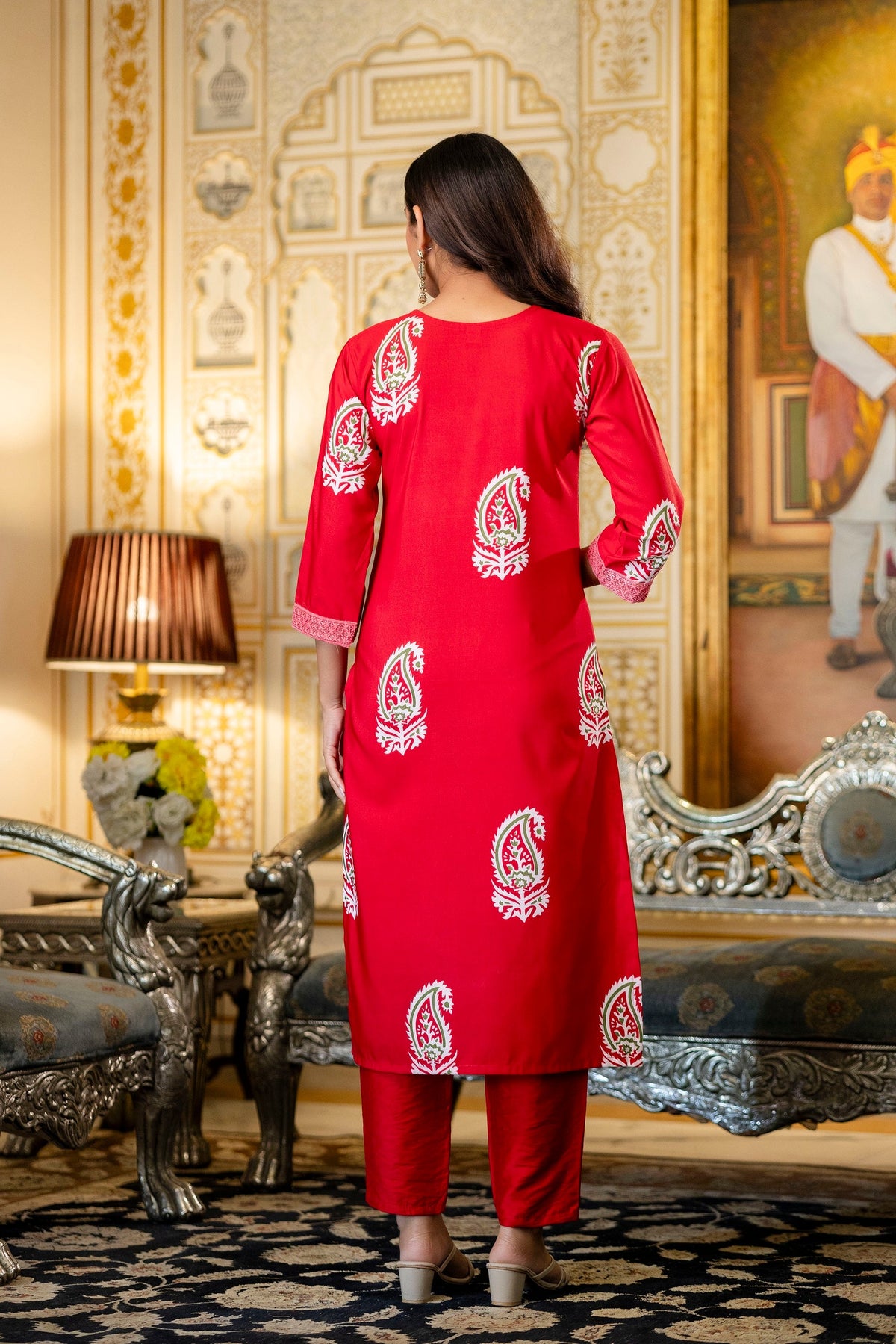 Traditional Printed Rayon Kurti with Pants and Chanderi Cotton Dupatta Set