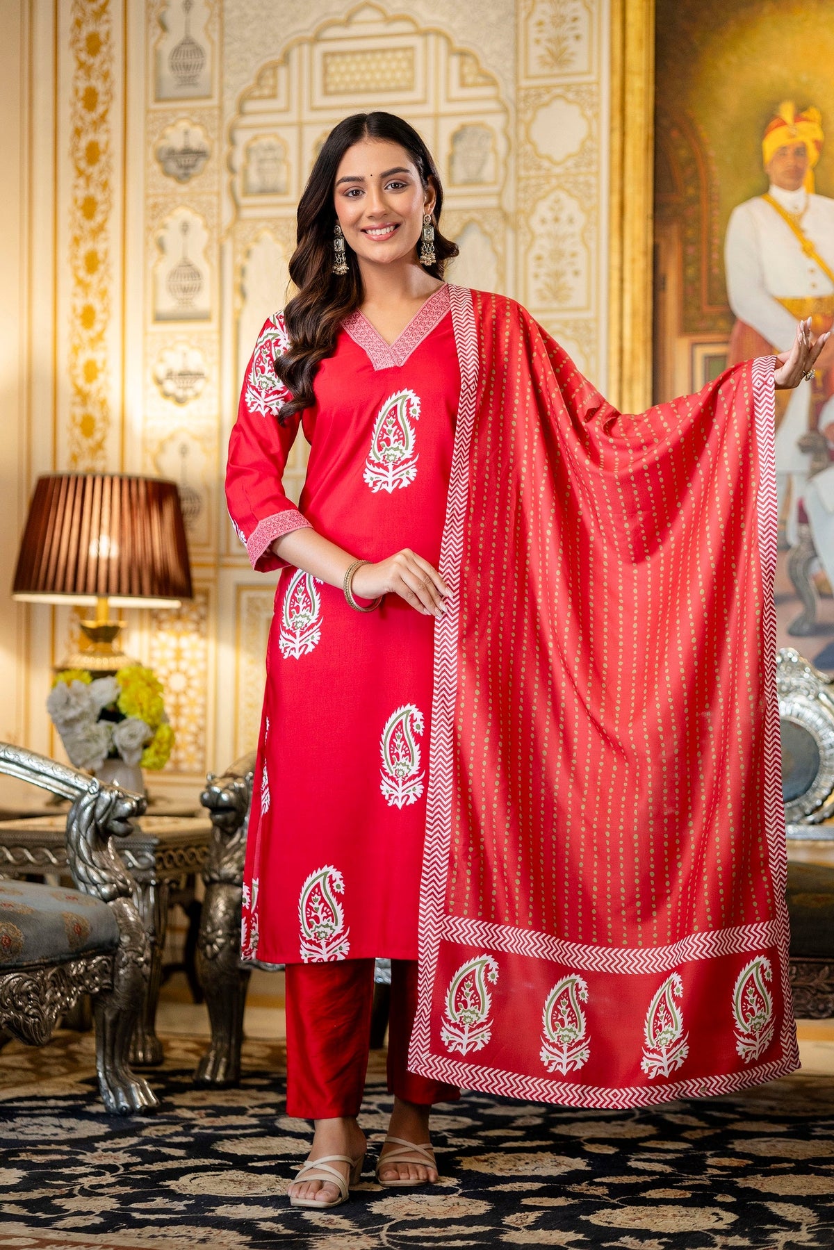 Traditional Printed Rayon Kurti with Pants and Chanderi Cotton Dupatta Set