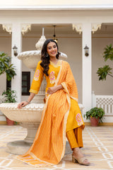 Traditional Printed Rayon Kurti with Pants and Chanderi Cotton Dupatta Set