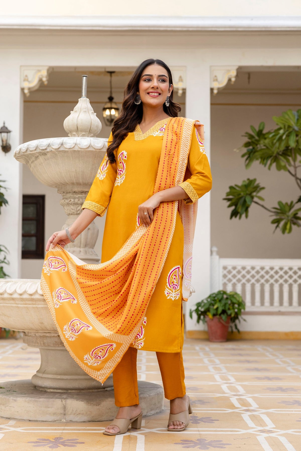 Traditional Printed Rayon Kurti with Pants and Chanderi Cotton Dupatta Set