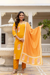 Traditional Printed Rayon Kurti with Pants and Chanderi Cotton Dupatta Set