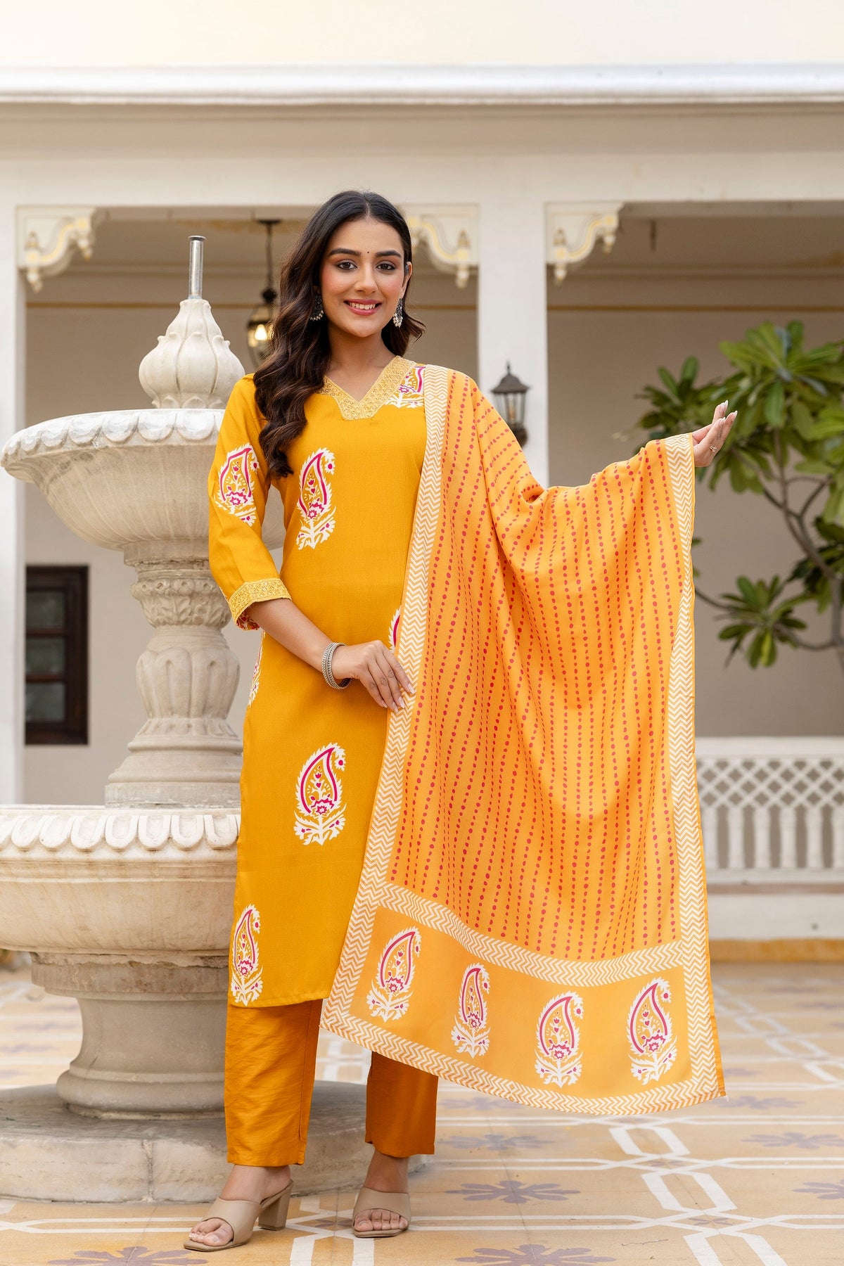 Traditional Printed Rayon Kurti with Pants and Chanderi Cotton Dupatta Set