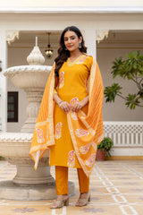 Traditional Printed Rayon Kurti with Pants and Chanderi Cotton Dupatta Set