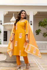 Traditional Printed Rayon Kurti with Pants and Chanderi Cotton Dupatta Set
