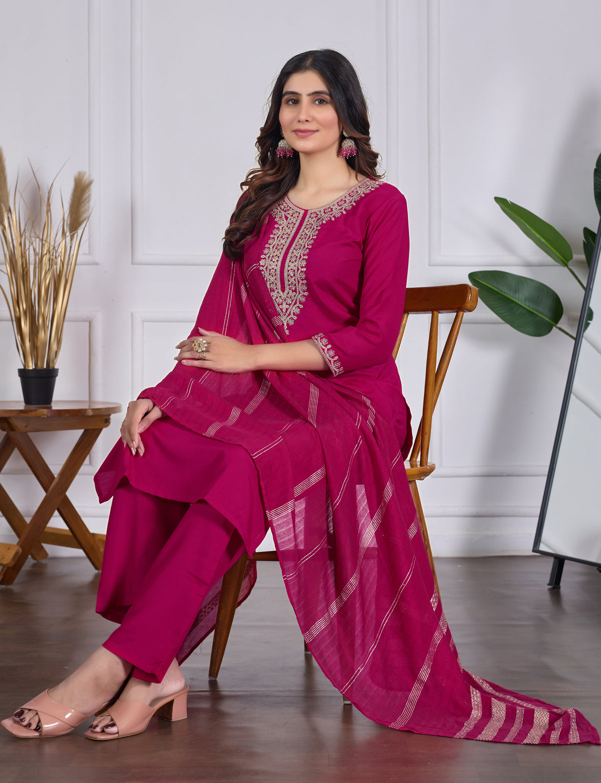 Magenta Rayon Slub Embroidered Designer Kurti with Pants and Chanderi Dupatta Set