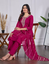 Magenta Rayon Slub Embroidered Designer Kurti with Pants and Chanderi Dupatta Set