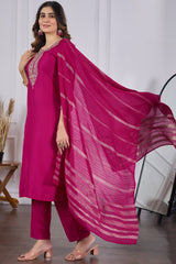 Magenta Rayon Slub Embroidered Designer Kurti with Pants and Chanderi Dupatta Set