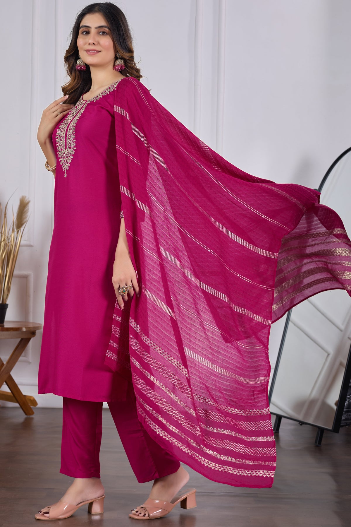 Magenta Rayon Slub Embroidered Designer Kurti with Pants and Chanderi Dupatta Set