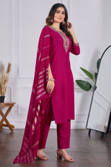 Magenta Rayon Slub Embroidered Designer Kurti with Pants and Chanderi Dupatta Set