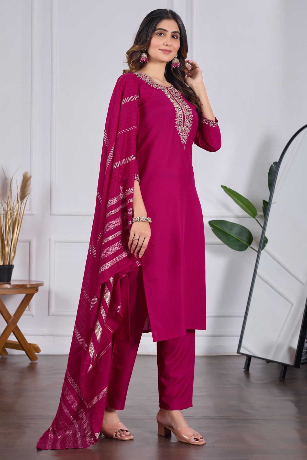 Magenta Rayon Slub Embroidered Designer Kurti with Pants and Chanderi Dupatta Set