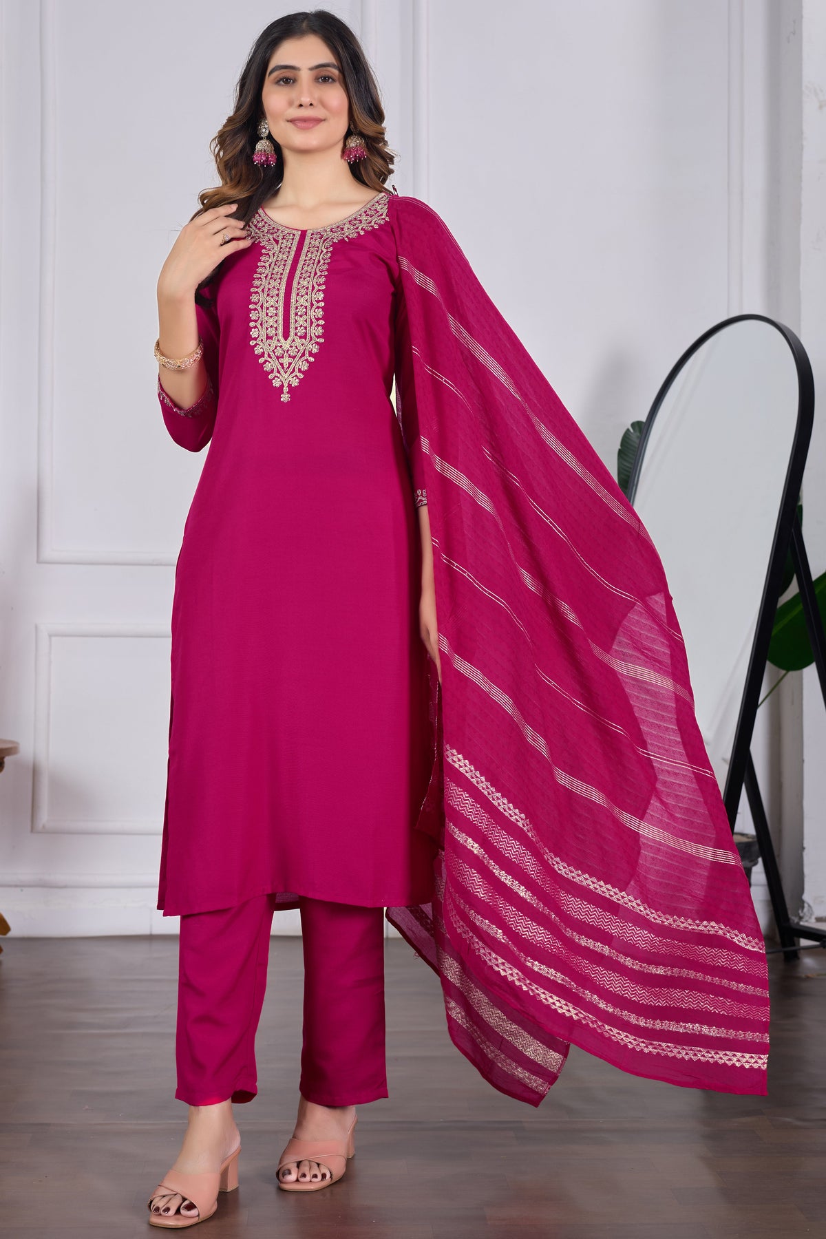 Magenta Rayon Slub Embroidered Designer Kurti with Pants and Chanderi Dupatta Set