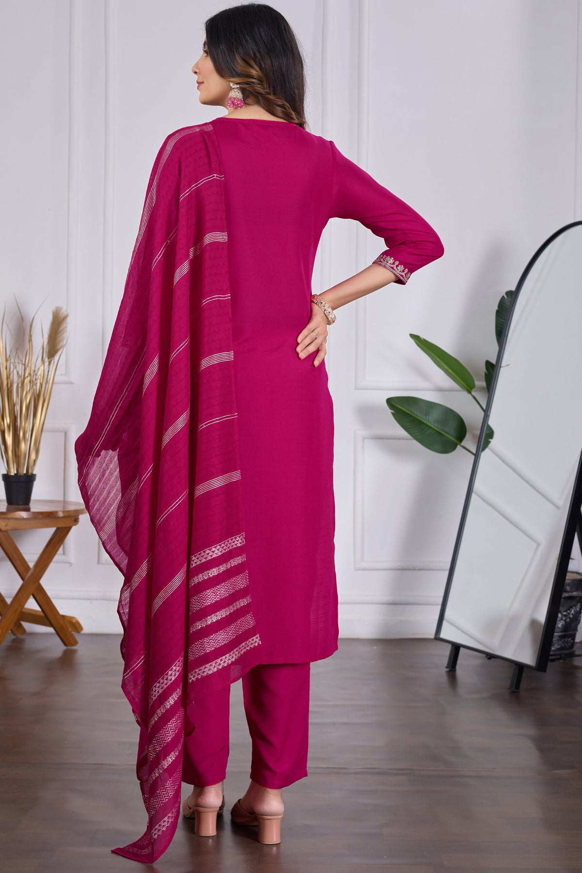 Magenta Rayon Slub Embroidered Designer Kurti with Pants and Chanderi Dupatta Set