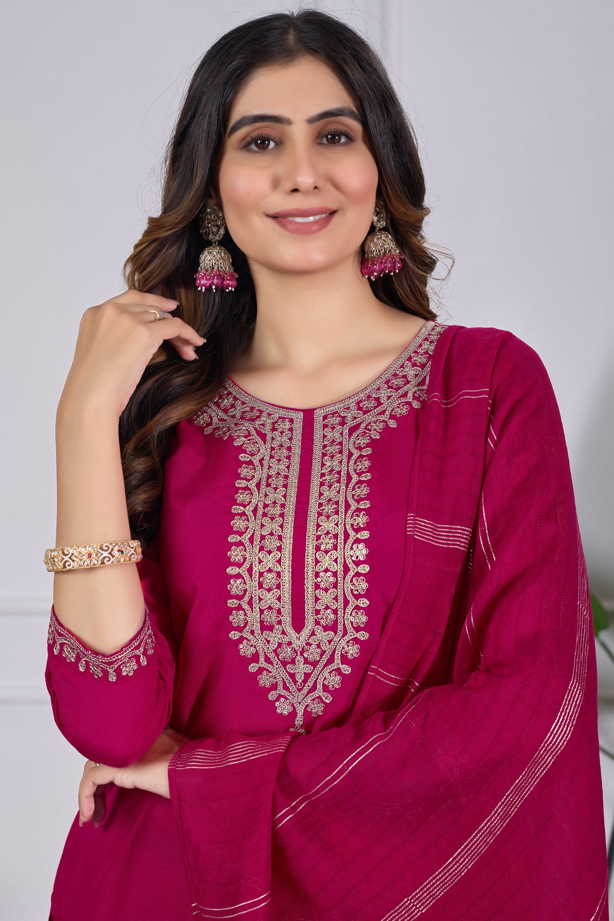 Magenta Rayon Slub Embroidered Designer Kurti with Pants and Chanderi Dupatta Set