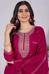 Magenta Rayon Slub Embroidered Designer Kurti with Pants and Chanderi Dupatta Set