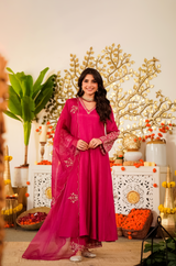 Viscose Chanderi Embroidered Designer Anarkali Kurti with Bottom and Organza Dupatta Set