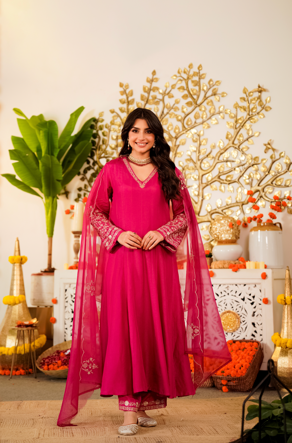 Viscose Chanderi Embroidered Designer Anarkali Kurti with Bottom and Organza Dupatta Set