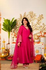 Viscose Chanderi Embroidered Designer Anarkali Kurti with Bottom and Organza Dupatta Set