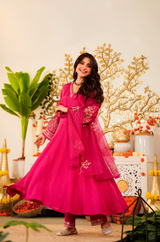 Viscose Chanderi Embroidered Designer Anarkali Kurti with Bottom and Organza Dupatta Set