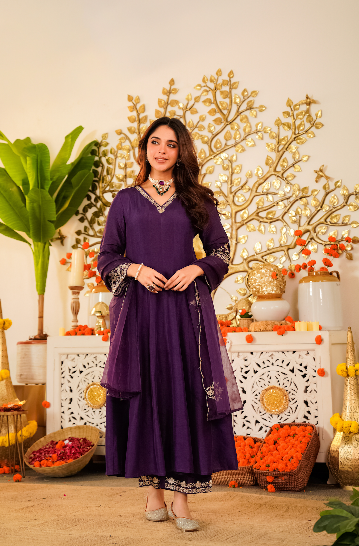 Viscose Chanderi Embroidered Designer Anarkali Kurti with Bottom and Organza Dupatta Set