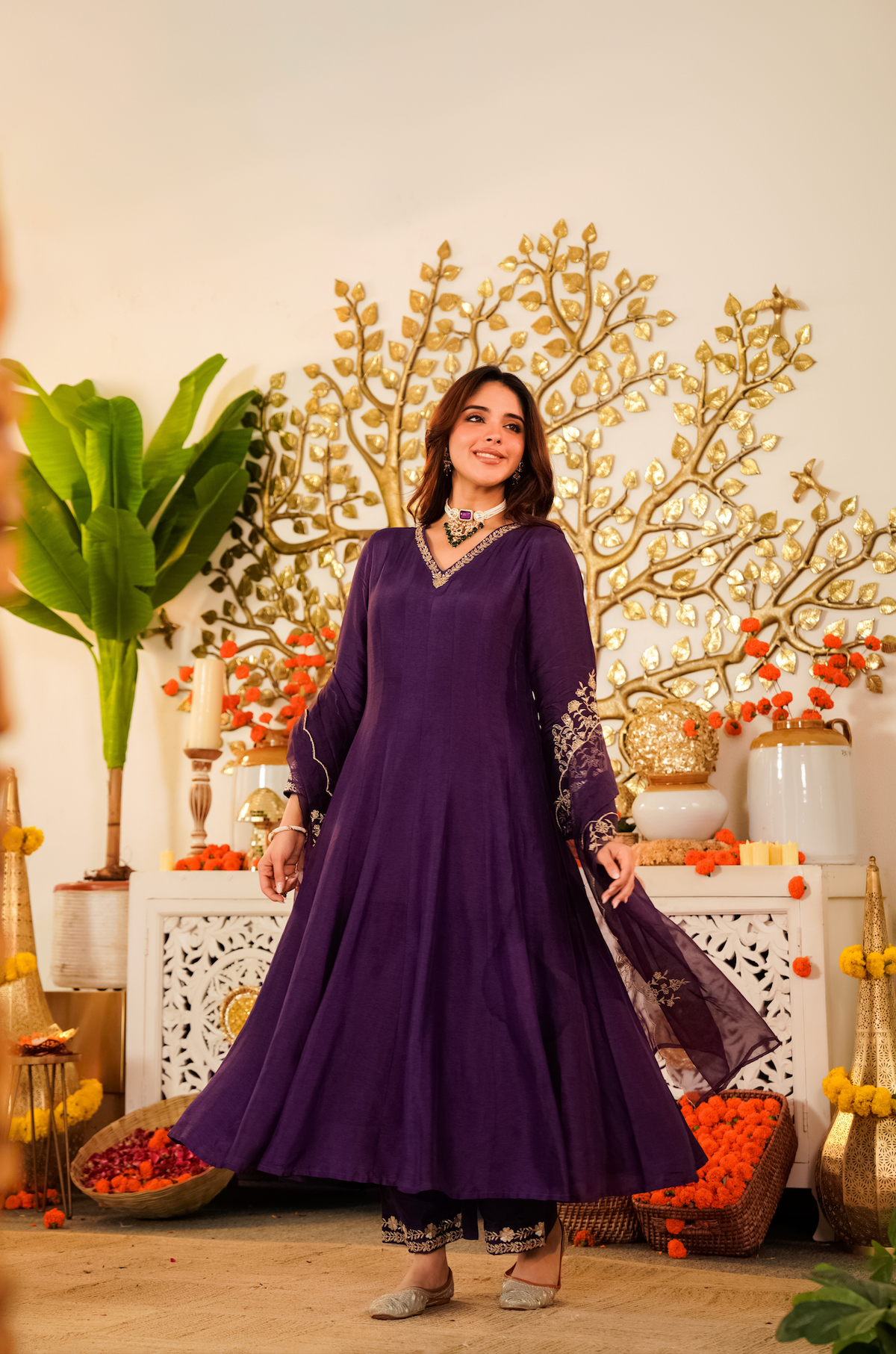 Viscose Chanderi Embroidered Designer Anarkali Kurti with Bottom and Organza Dupatta Set