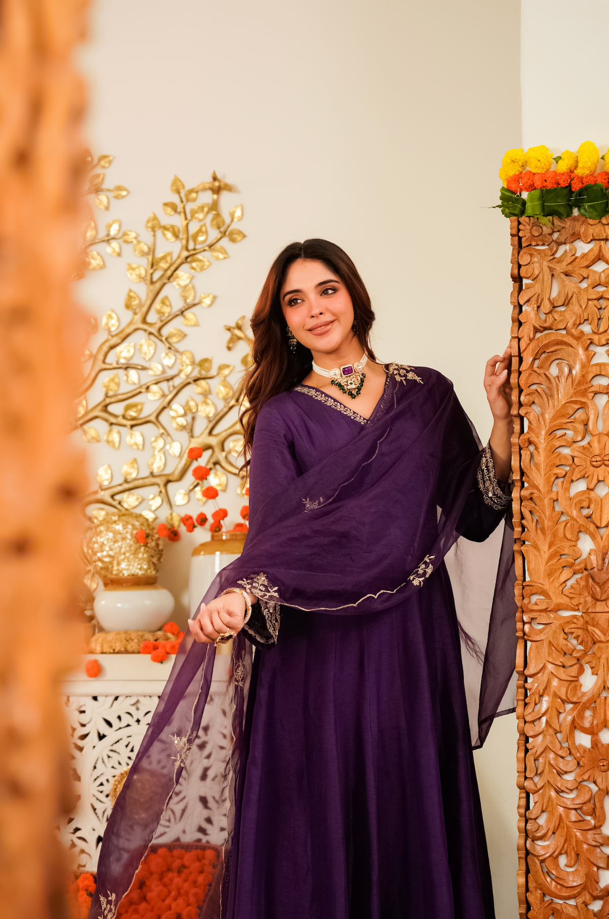 Viscose Chanderi Embroidered Designer Anarkali Kurti with Bottom and Organza Dupatta Set