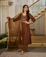 Brown Vichitra Silk Solid Designer Kurti with Bottom and Organza Dupatta Set