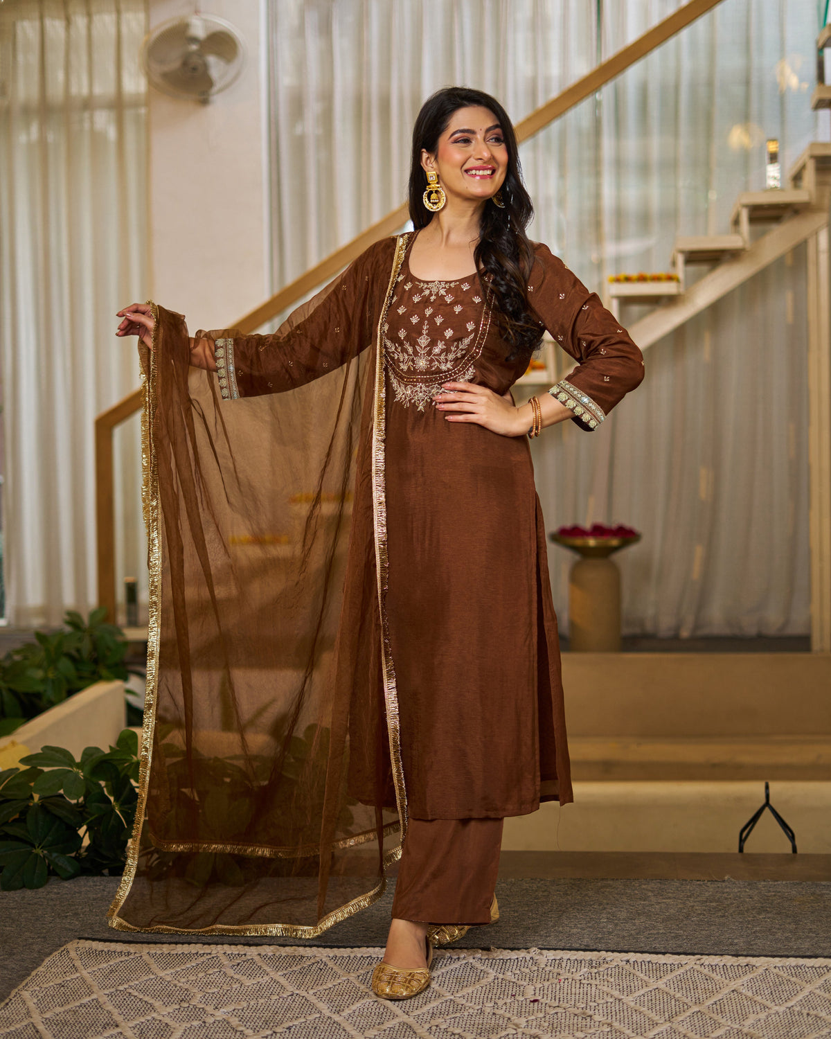 Brown Vichitra Silk Solid Designer Kurti with Bottom and Organza Dupatta Set