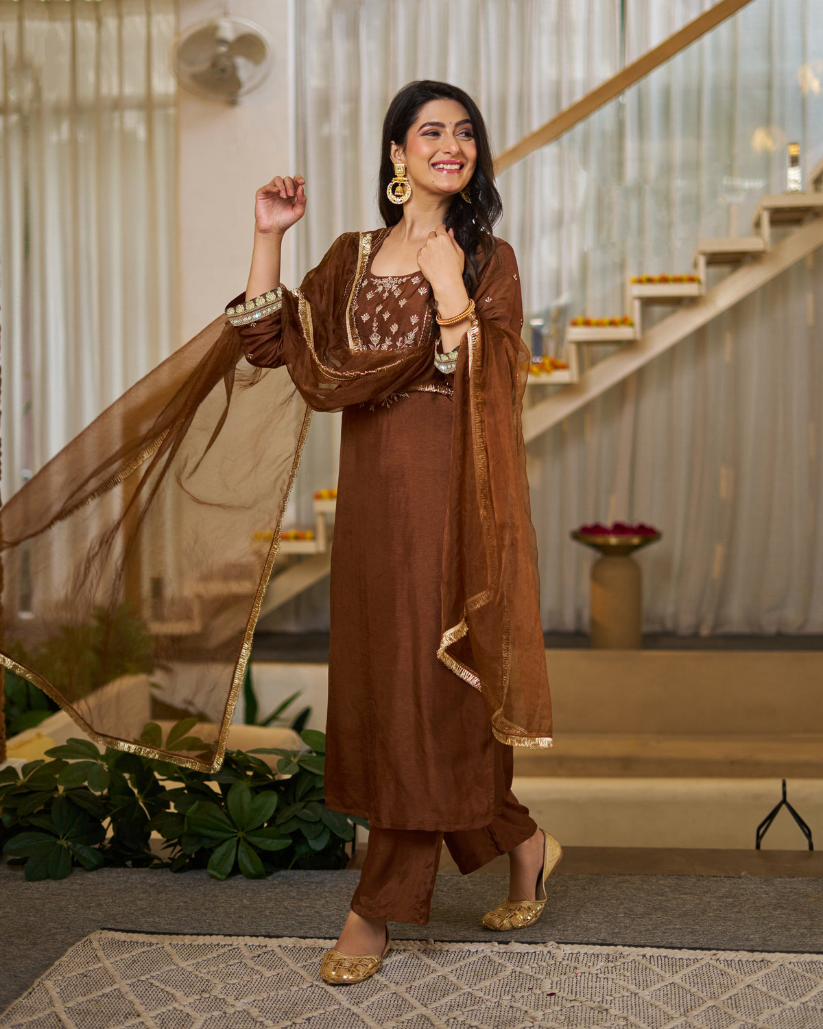 Brown Vichitra Silk Solid Designer Kurti with Bottom and Organza Dupatta Set