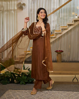 Brown Vichitra Silk Solid Designer Kurti with Bottom and Organza Dupatta Set