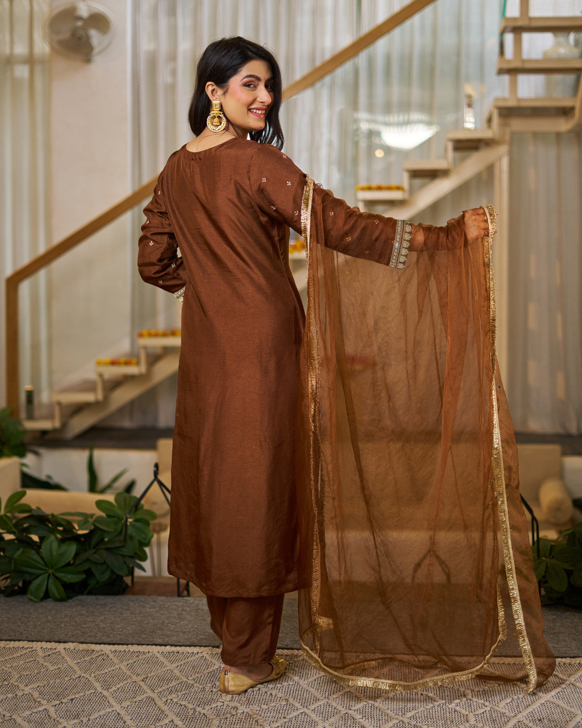 Brown Vichitra Silk Solid Designer Kurti with Bottom and Organza Dupatta Set