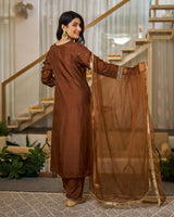 Brown Vichitra Silk Solid Designer Kurti with Bottom and Organza Dupatta Set