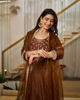 Brown Vichitra Silk Solid Designer Kurti with Bottom and Organza Dupatta Set