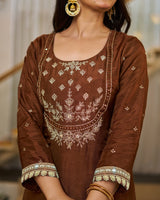 Brown Vichitra Silk Solid Designer Kurti with Bottom and Organza Dupatta Set