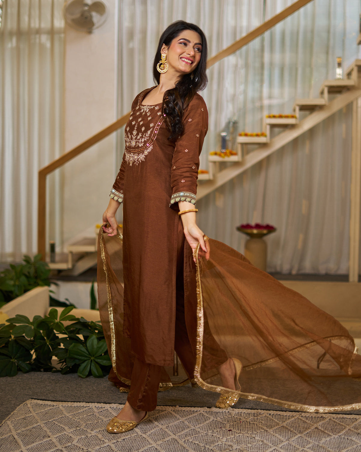 Brown Vichitra Silk Solid Designer Kurti with Bottom and Organza Dupatta Set