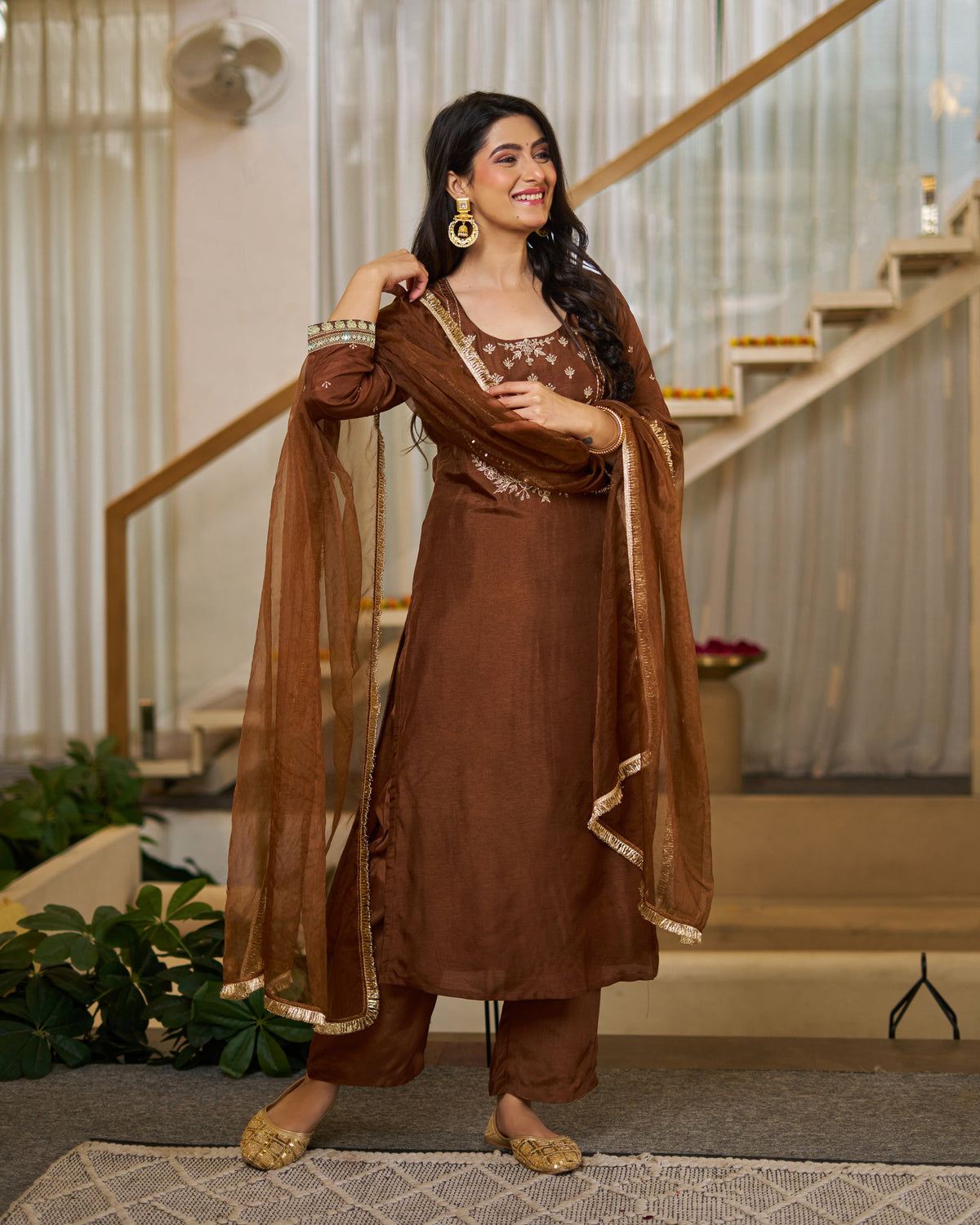 Brown Vichitra Silk Solid Designer Kurti with Bottom and Organza Dupatta Set