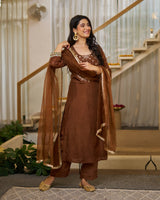 Brown Vichitra Silk Solid Designer Kurti with Bottom and Organza Dupatta Set