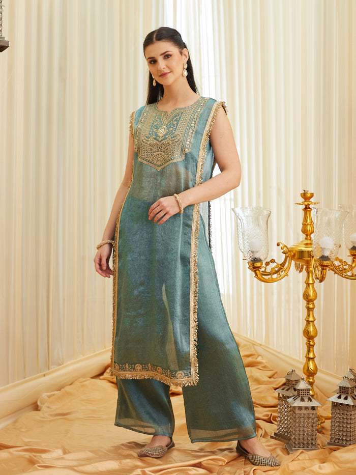 Teal Green Fandy Satin Embroidered Designer Kurti with Viscose Rayon Palazzo Set
