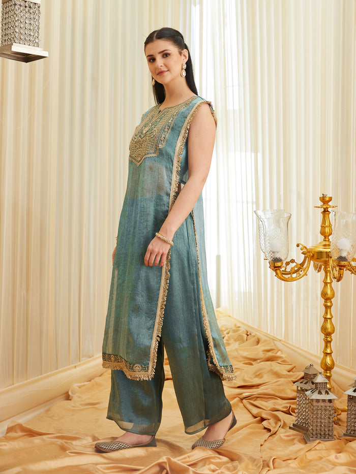 Teal Green Fandy Satin Embroidered Designer Kurti with Viscose Rayon Palazzo Set