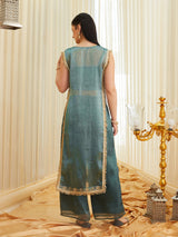Teal Green Fandy Satin Embroidered Designer Kurti with Viscose Rayon Palazzo Set