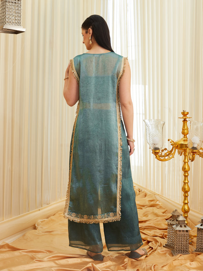 Teal Green Fandy Satin Embroidered Designer Kurti with Viscose Rayon Palazzo Set