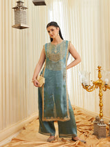 Teal Green Fandy Satin Embroidered Designer Kurti with Viscose Rayon Palazzo Set