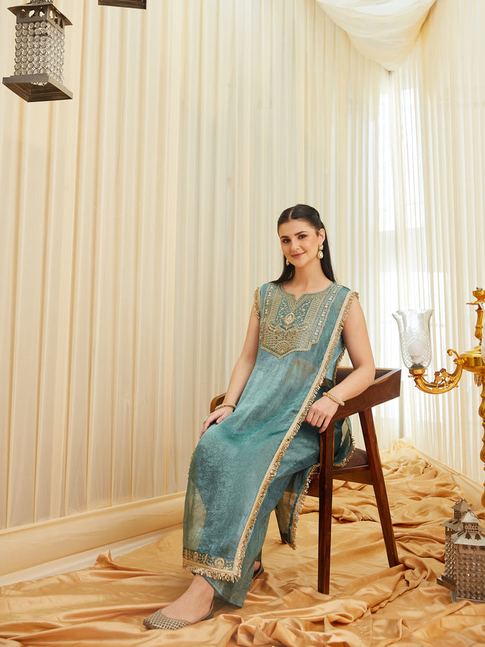 Teal Green Fandy Satin Embroidered Designer Kurti with Viscose Rayon Palazzo Set