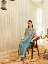 Teal Green Fandy Satin Embroidered Designer Kurti with Viscose Rayon Palazzo Set