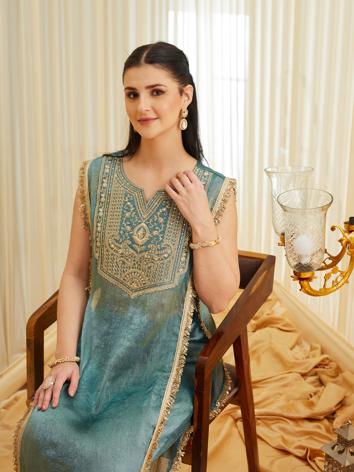 Teal Green Fandy Satin Embroidered Designer Kurti with Viscose Rayon Palazzo Set