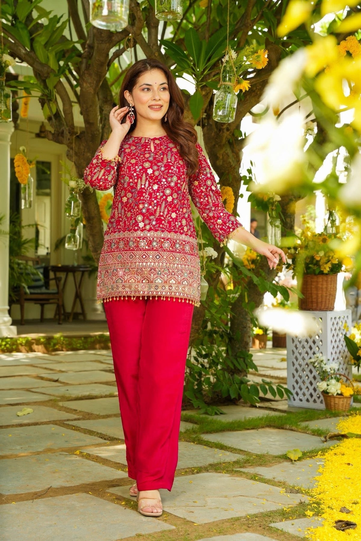 Maroon Heavy Crepe Silk Embroidered Designer Kurti with Solid Bottom Set