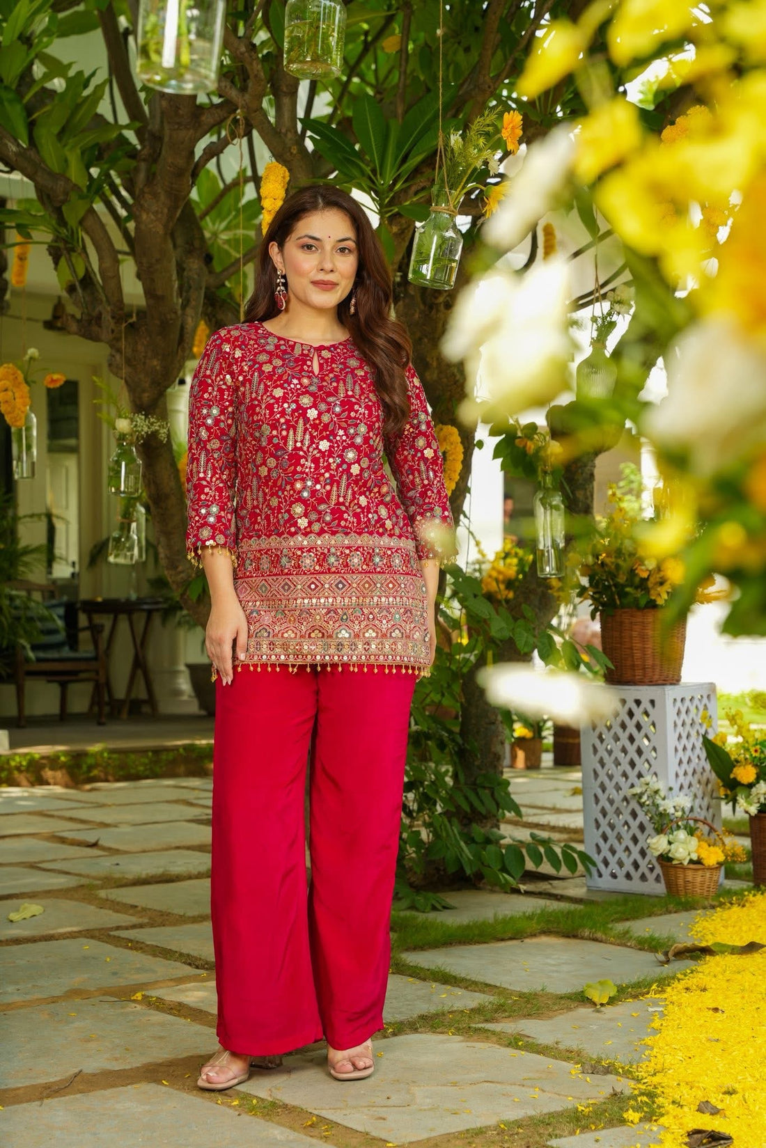 Maroon Heavy Crepe Silk Embroidered Designer Kurti with Solid Bottom Set