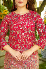 Maroon Heavy Crepe Silk Embroidered Designer Kurti with Solid Bottom Set