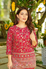 Maroon Heavy Crepe Silk Embroidered Designer Kurti with Solid Bottom Set