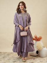 Lavender Vichitra Silk Embroidered Designer Kurti with Palazzo and Dupatta Set